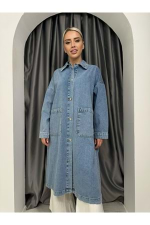 Oversize Uzun Denim Ceket 33446 - Mavi - TEK BEDEN - AZRA04994-Mavi-TEK BEDEN