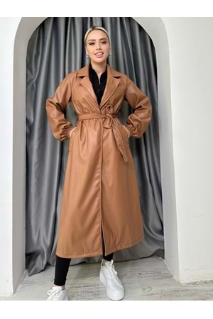 Uzun Deri Trenç 9029 - azra fashion - Kahve Rengi - S