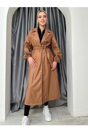 Uzun Deri Trenç 9029 - azra fashion - Kahve Rengi - S