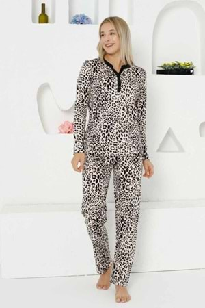 Leopar Pijama Takımı 2761 - Kahve Rengi - L - AZRA05038-Kahve Rengi-L