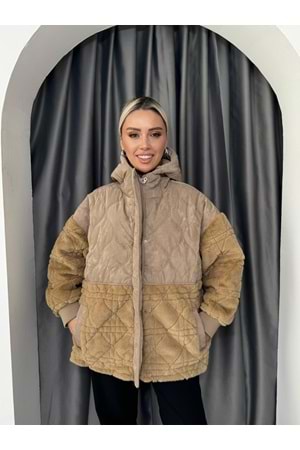 Kapşonlu Süet Peluş Mont 06066 - Sütlü Kahve - S-M - AZRA05059-Sütlü Kahve-S-M
