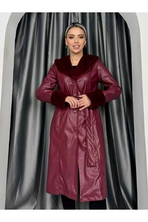 Yakası Ve Kolları Kürklü Deri Trenç 1852 - Bordo - 42 - AZRA05128-Bordo-42