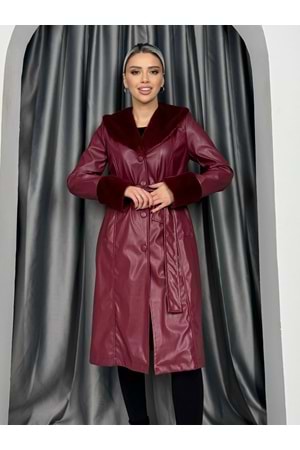 Yakası Ve Kolları Kürklü Deri Trenç 1852 - Bordo - 42 - AZRA05128-Bordo-42