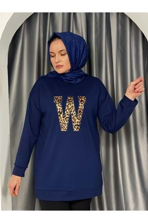 W Leopar Nakışlı Oysho Yırtmaçlı Tunik 760 - Lacivert - L-XL