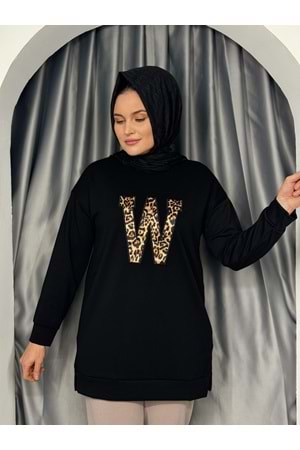 W Leopar Nakışlı Oysho Yırtmaçlı Tunik 760 - Siyah - L-XL