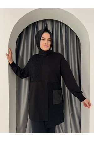 Puane Triko Detaylı Tunik 10555 - Siyah - L-XL - AZRA05181-Siyah-L-XL