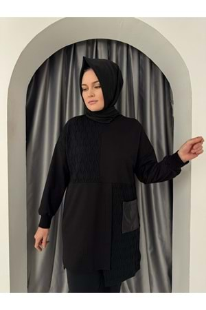 Puane Triko Detaylı Tunik 10555 - Siyah - L-XL - AZRA05181-Siyah-L-XL