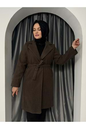 İthal Belden Bağlamalı Kaşe Kaban 7218 - Kahve Rengi - 36