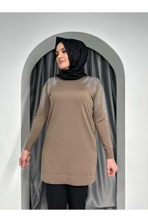 Yaka Kol Boncuk İşlemeli Tunik 141539 - Vizon - TEK BEDEN