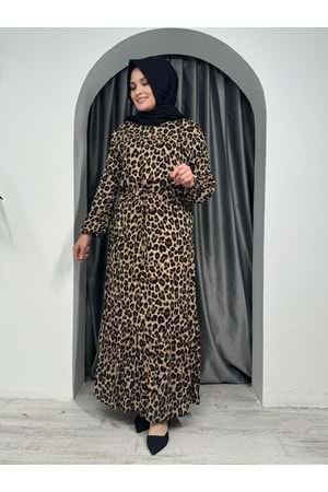 Kolları Lastikli Leopar Elbise 7889 - Kahve Rengi - 40-42 - AZRA05420-45430