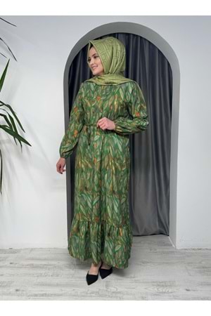 Yaprak Desenli Elbise 1608 - azra fashion - Yeşil - 40-42 - AZRA05429-45532
