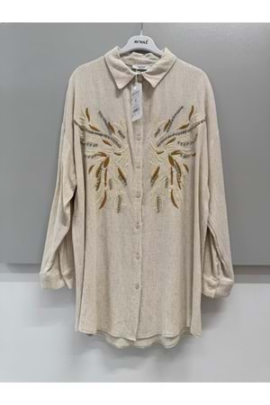 Keten Taşlı Gömlek Oversize 170202 - Bej - TEK BEDEN - AZRA06284-52052