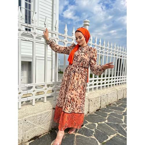 İkoll Leopar Desenli Şifon Elbise - Bej - S