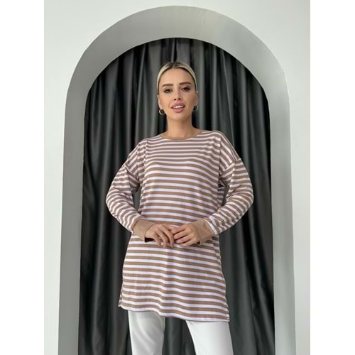 İnce Çizgili Tunik 674 - Sütlü Kahve - L-XL