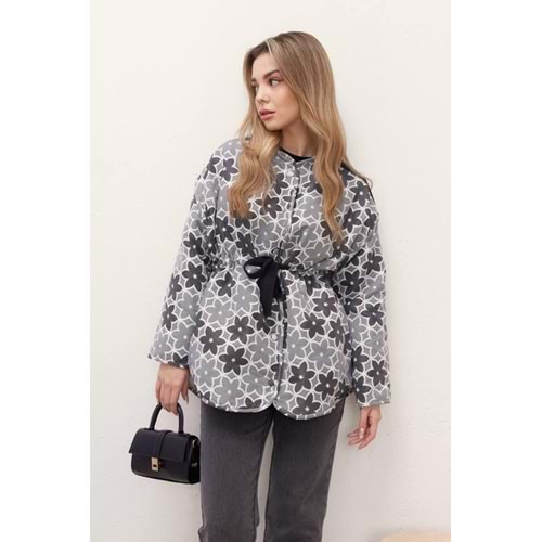 Begonia Çiçek Desenli Ceket 6185 - Gri - L-XL - AZRA04089-Gri-L-XL