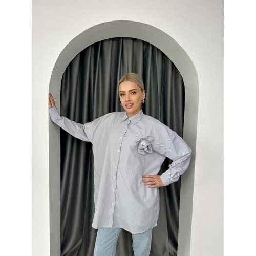 Çiçek Detaylı Çizgili Gömlek 24177 - Gri - L-XL - AZRA04272-Gri-L-XL