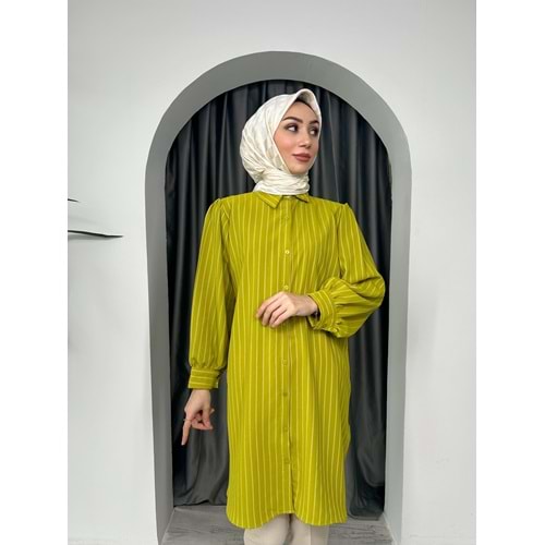 Uzun Çizgili Linda Gömlek 710 - Yağ Yeşili - S-M - AZRA04286-Yağ Yeşili-S-M