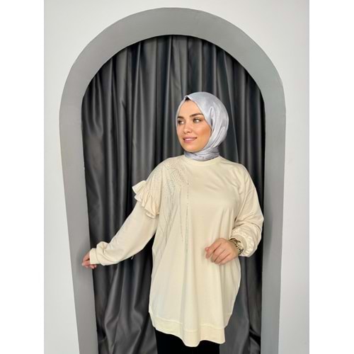 Taş Ve Fırfır Detaylı Tunik 15609 - Krem - TEK BEDEN - AZRA04633-Krem-TEK BEDEN