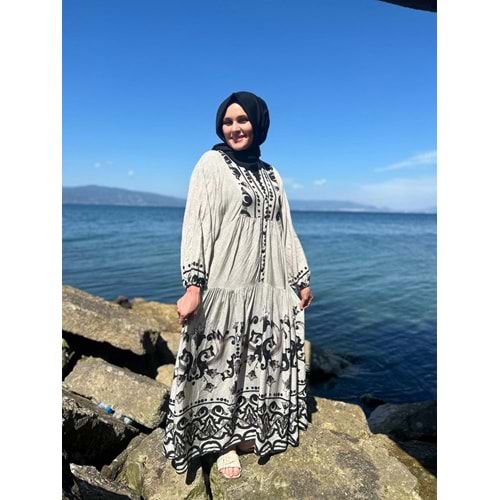 Zambak Desenli Elbise 144 - Siyah - L-XL