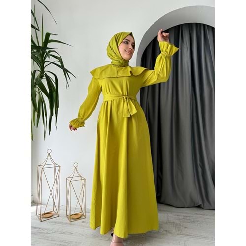 Bebe Yaka Trikoton Elbise 1514 - Yağ Yeşili - 42-44