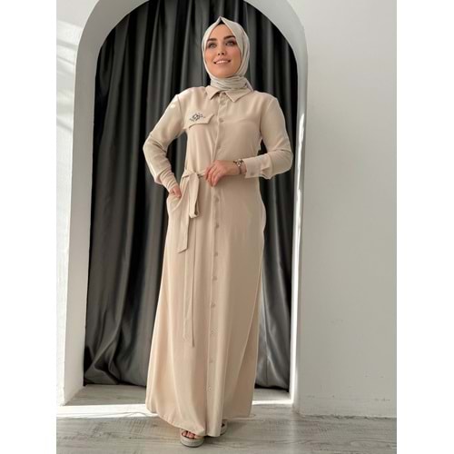 Puane Taşlı Yandan Bağlamalı Elbise 12504 - Bej - M - AZRA04701-Bej-M
