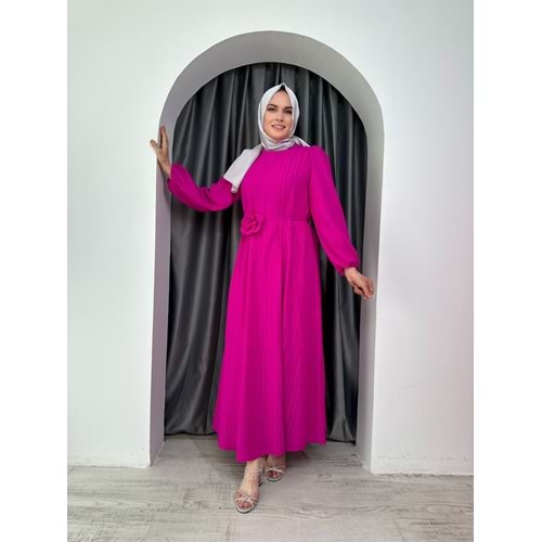 Puane Sim Çizgili Güllü Abiye 12541 - Fuşya - 42
