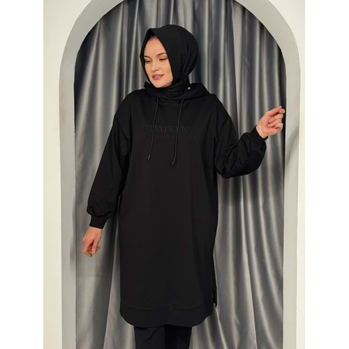 İkoll Tonaton Nakışlı Kapişonlu Tunik 33201 - Siyah - TEK BEDEN