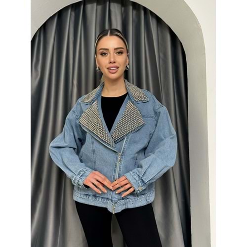 Yakası ve Önü Zımbalı Kot Ceket 7270 - Mavi - TEK BEDEN - AZRA05315-44292