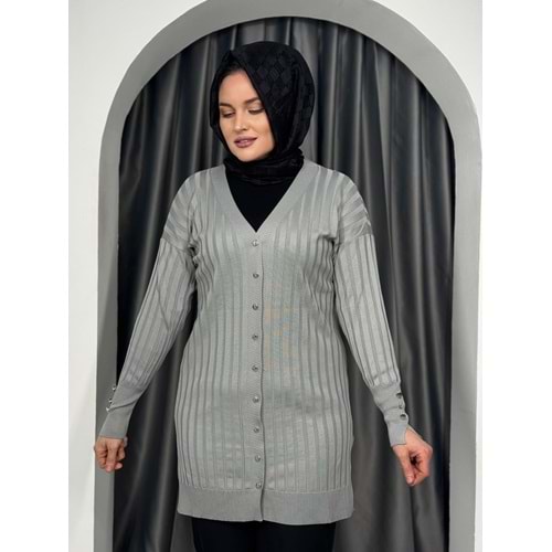 Çizgili Merserize Hırka 3179 - Gri - TEK BEDEN - AZRA05355-44651