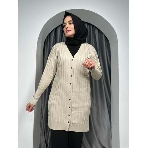 Çizgili Merserize Hırka 3179 - Bej - TEK BEDEN - AZRA05355-45145
