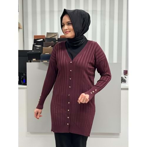 Çizgili Merserize Hırka 3179 - Mürdüm - TEK BEDEN - AZRA05355-58681