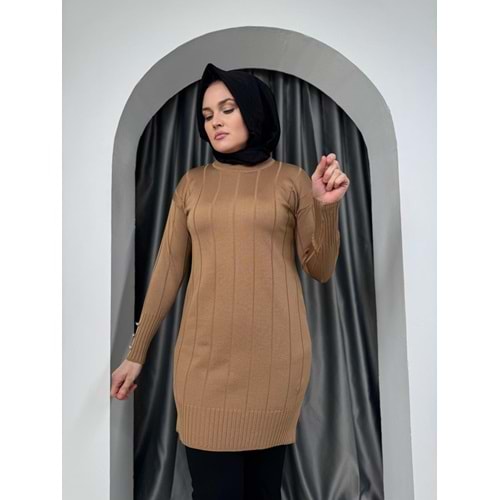 Büyük Kare Çizgili Merserize Tunik 3182 - Sütlü Kahve - TEK BEDEN - AZRA05356-44667