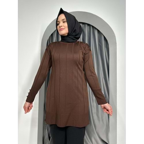 Büyük Kare Çizgili Merserize Tunik 3182 - Acı Kahve - TEK BEDEN - AZRA05356-45140