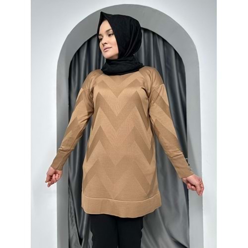 Zikzak Desen Merserize Tunik 3183 - Sütlü Kahve - TEK BEDEN - AZRA05400-45113