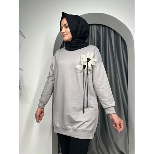 Önü Çiçek Detaylı Tunik 25337 - Gri - L-XL - AZRA05403-45156