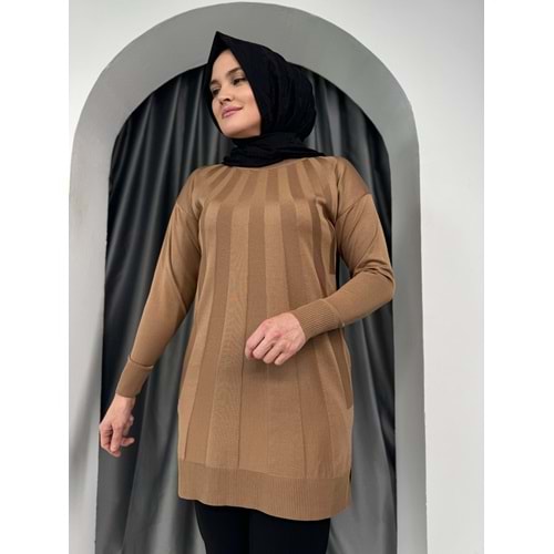 Büyük Şeritli Merserize Tunik 3190 - Sütlü Kahve - TEK BEDEN - AZRA05422-45454
