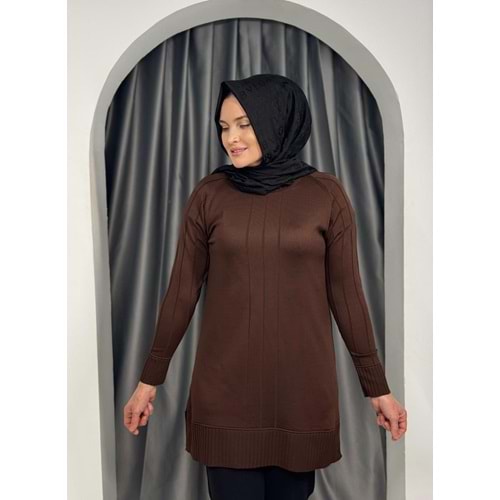 Önü Çizgili Kol Detaylı Merserize Tunik 3189 - Acı Kahve - TEK BEDEN - AZRA05423-45456