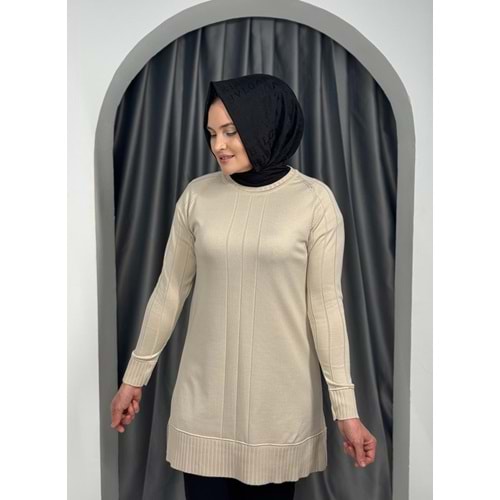 Önü Çizgili Kol Detaylı Merserize Tunik 3189 - Bej - TEK BEDEN - AZRA05423-45457