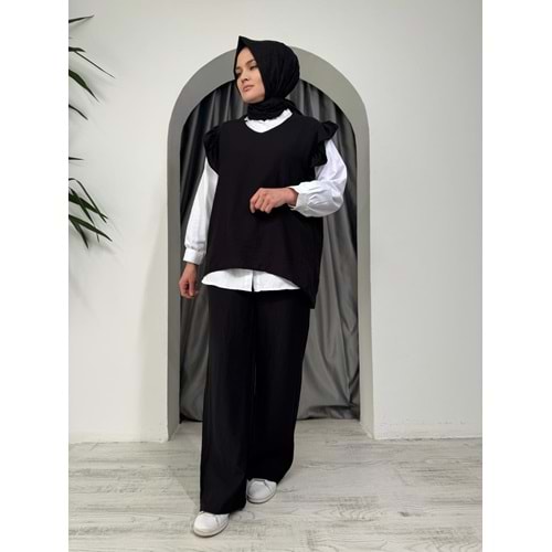 Kolları Büzgülü Üçlü Takım 25865 - Siyah - L