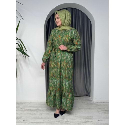 Yaprak Desenli Elbise 1608 - azra fashion - Yeşil - 40-42 - AZRA05429-45532
