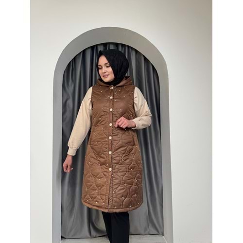 Taşlı Uzun Kapitone Yelek 8031 - Acı Kahve - 40