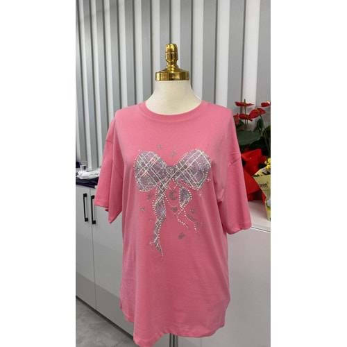 Baskılı Taşlı Tişört 251062 - Pembe - S - AZRA05676-46734