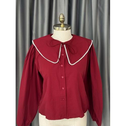 Bebe Yaka İnci Detaylı Crop Gömlek 792 - Bordo - S-M - AZRA05679-46777
