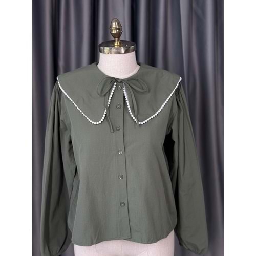 Bebe Yaka İnci Detaylı Crop Gömlek 792 - Haki - L-XL - AZRA05679-46780