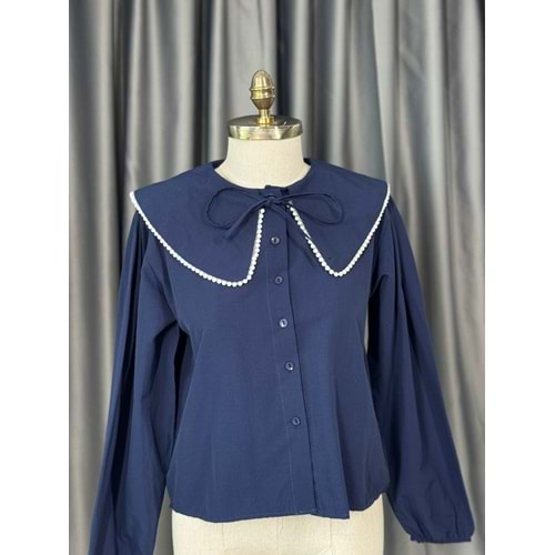 Bebe Yaka İnci Detaylı Crop Gömlek 792 - Lacivert - L-XL - AZRA05679-46782