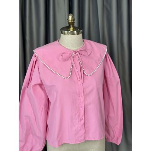 Bebe Yaka İnci Detaylı Crop Gömlek 792 - Pembe - L-XL - AZRA05679-46784