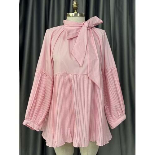 Kraş Detaylı Bağlamalı Bluz 81012 - Pembe - TEK BEDEN - AZRA05684-46803