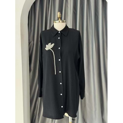 Taş Çiçekli Çilek Gömlek 3230 - Siyah - L-XL - AZRA05706-46996