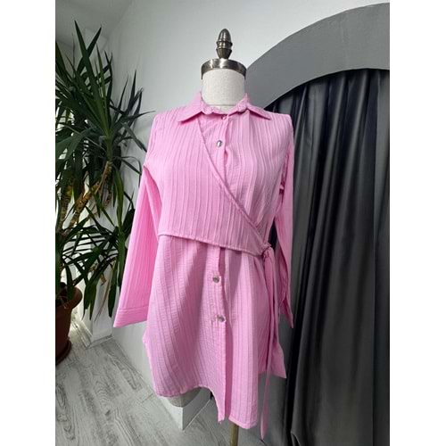 Yandan Bağlama Gofre Gömlek 4453 - Pembe - 42 - AZRA05715-47071