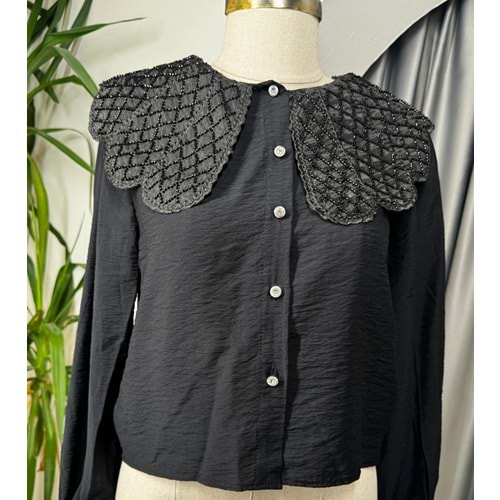 Boncuklu Bebe Yaka Gömlek 4457 - Siyah - 40 - AZRA05716-47087